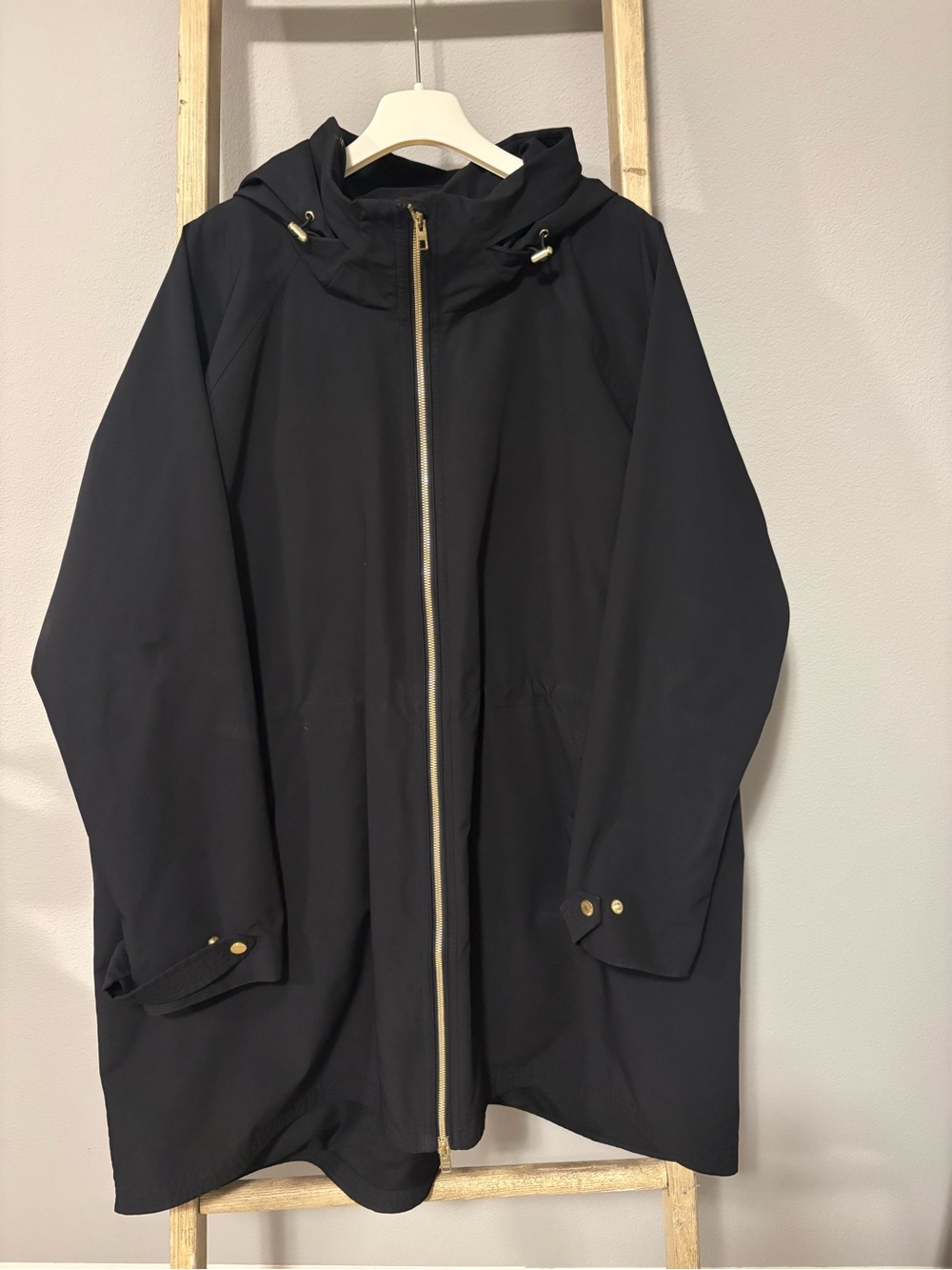 Athleta Black Hooded Zip-Front Raincoat with Gold Hardware